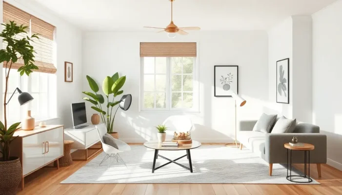 A bright, modern workspace with stylish furniture and decorative elements, highlighting a chic and serene environment.