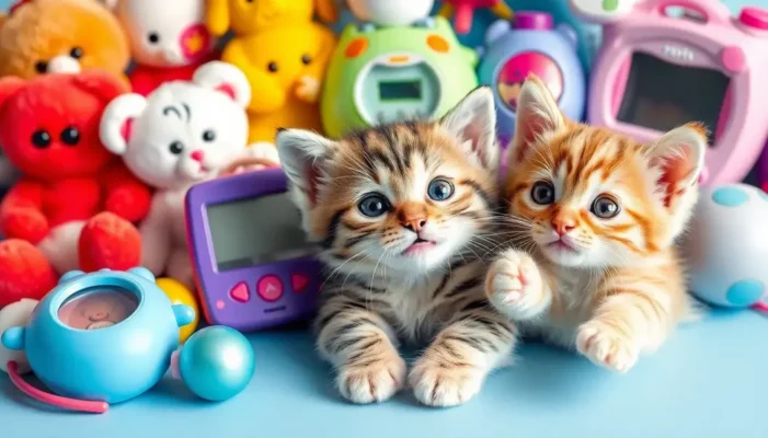 A visually rich collage featuring popular 90s toys and a playful kitten, symbolizing nostalgia and joy.