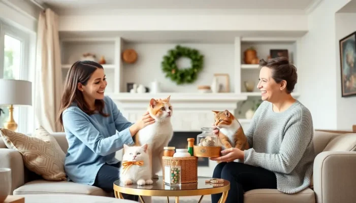 A concierge presenting a selection of luxurious pet amenities to a satisfied pet owner in a cozy setting.