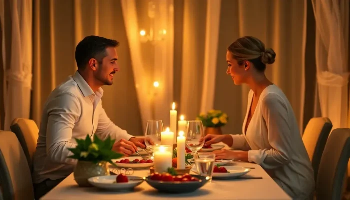 A couple enjoying a candlelit dinner, reflecting intimacy and affection.