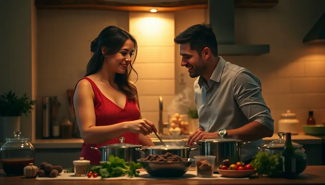A newlywed couple preparing a meal, showcasing the warmth of cooking together.