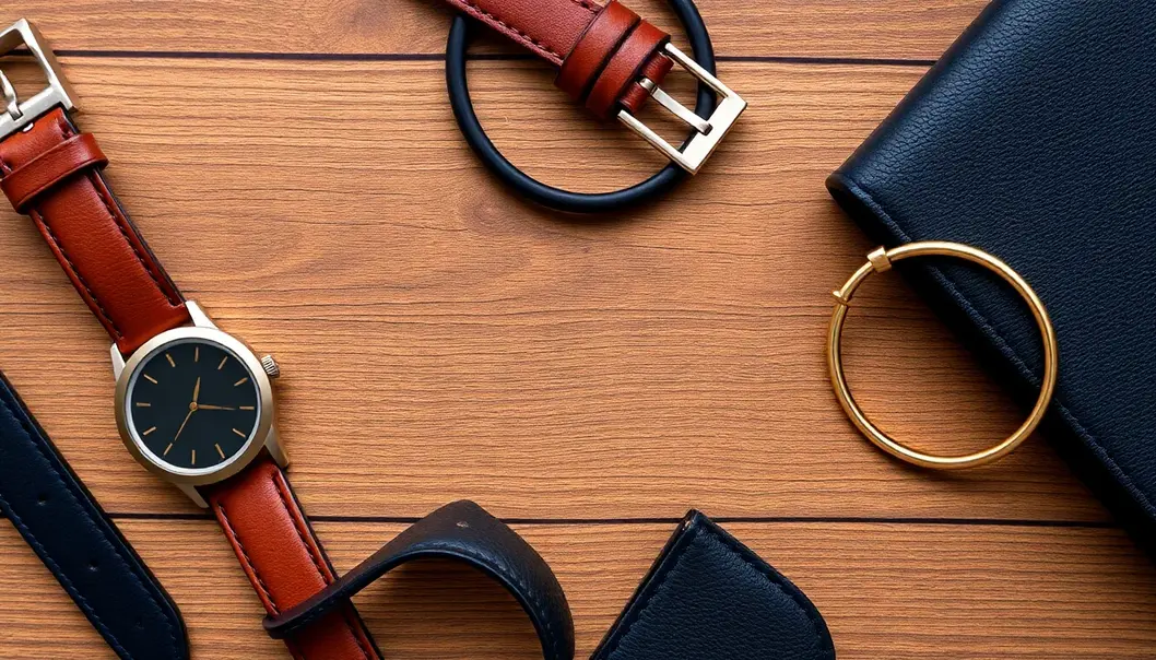 A collection of essential accessories: watch, belt, and jewelry.