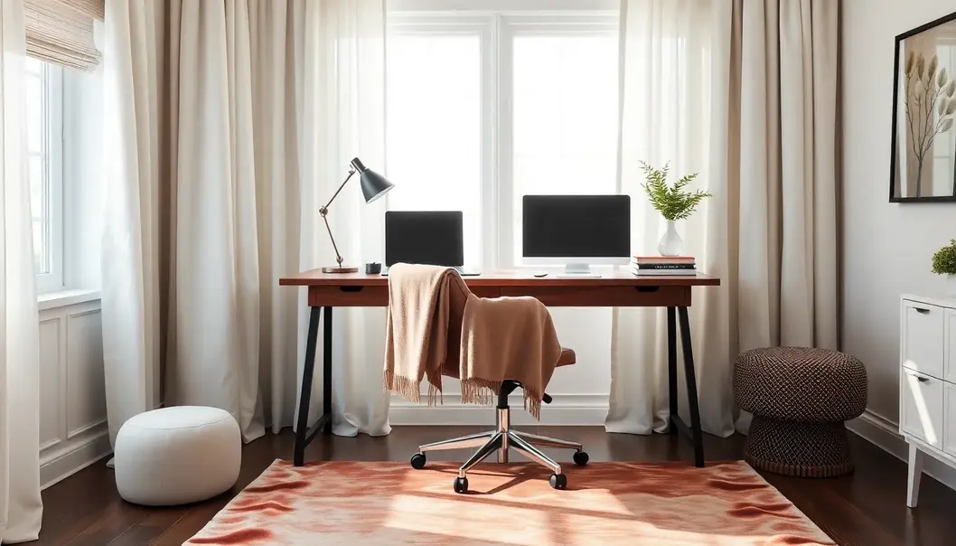 Embrace textured elegance with luxurious fabrics for a distraction-free workspace.